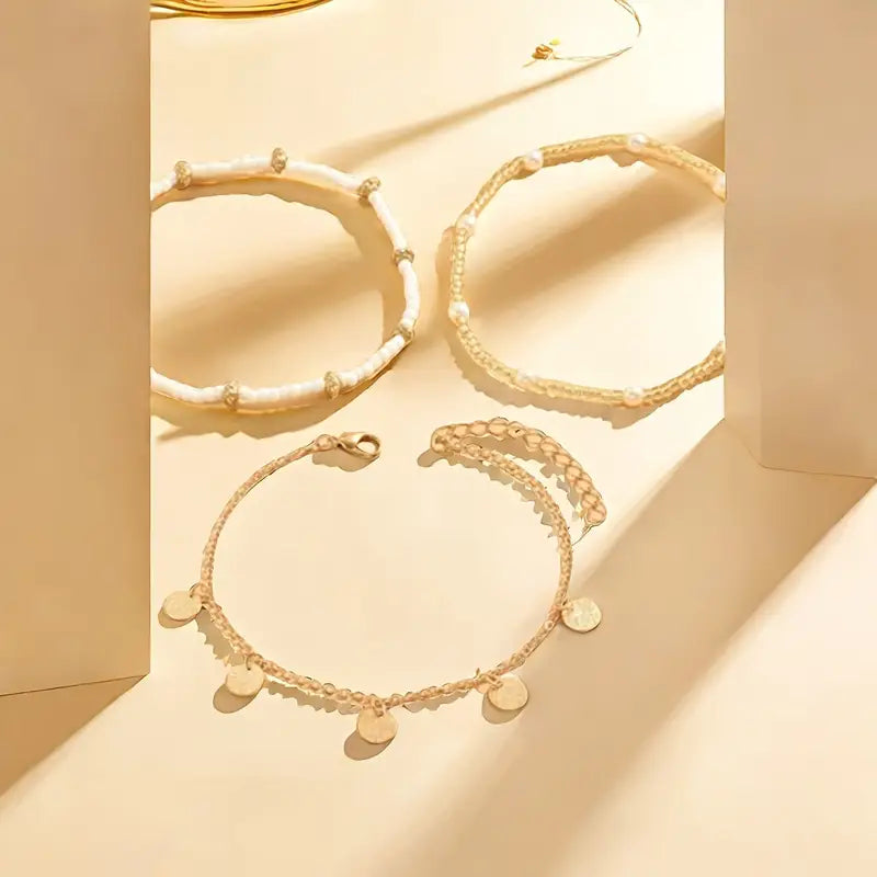 Coastal Charm 3-Piece Layered Anklet Set | Gold